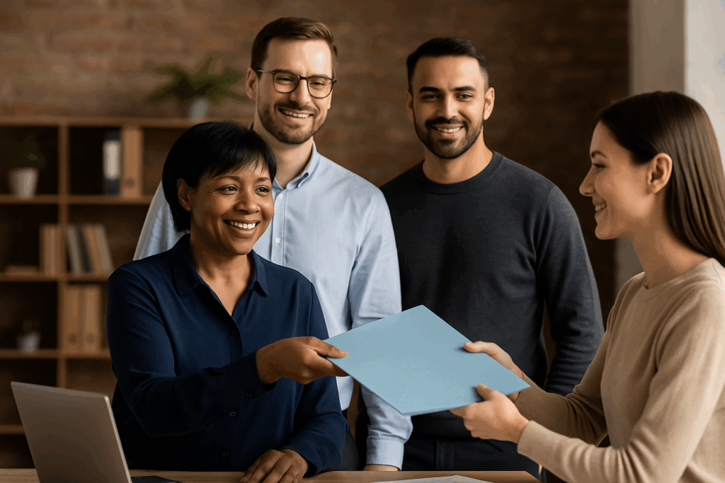 Vier Geschäftsleute in einem modernen Büro, eine Frau übergibt einer Kollegin eine blaue Mappe, während zwei männliche Kollegen im Hintergrund lächeln – Symbol für Zusammenarbeit und interne Weiterentwicklung.